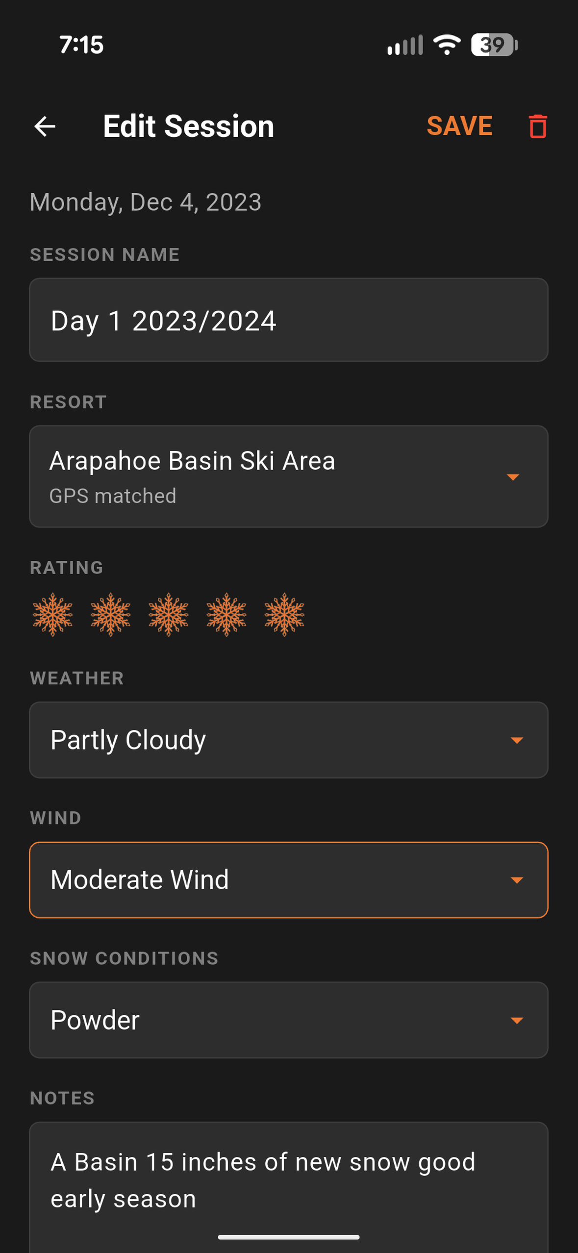 PowderTracks day details screen — resort, rating, conditions, notes and photos