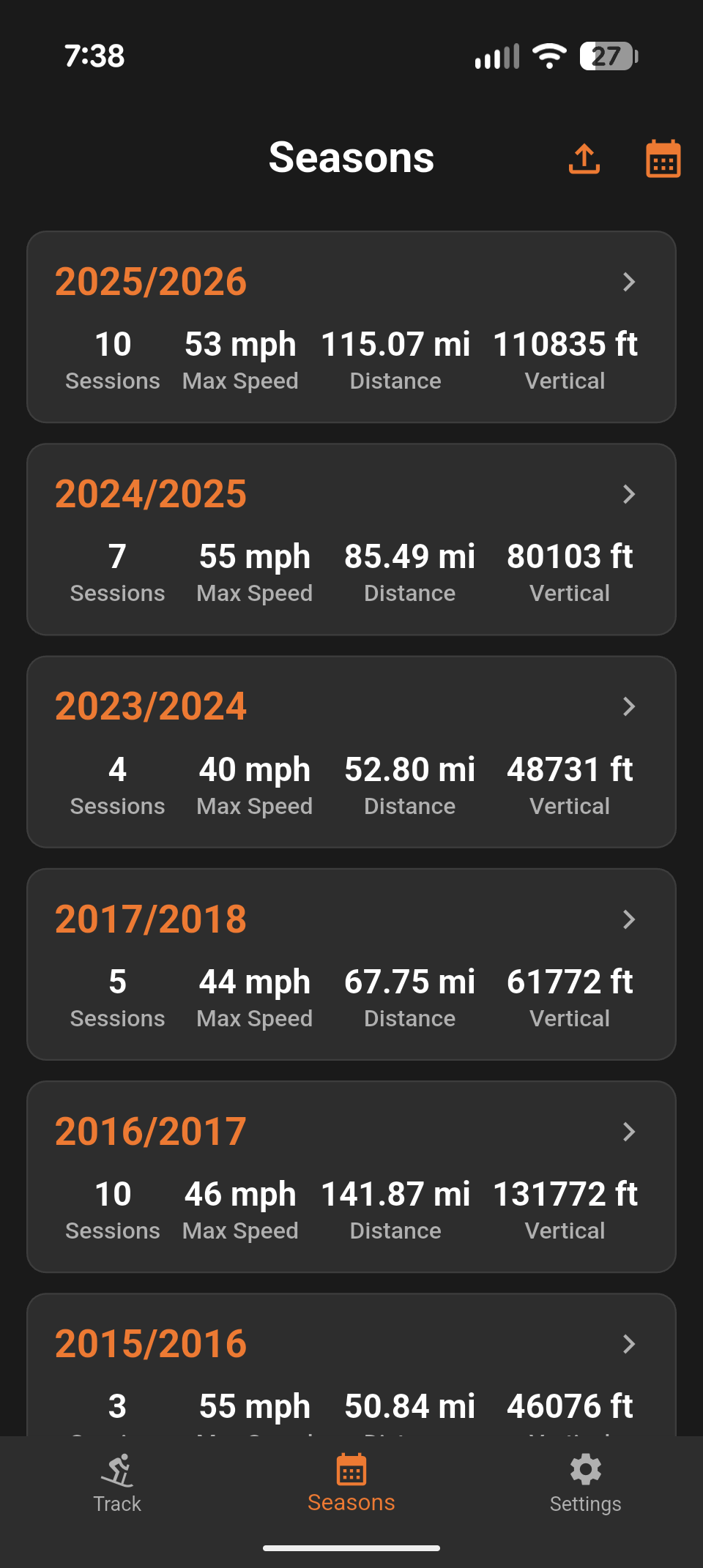 PowderTracks Seasons screen in dark theme