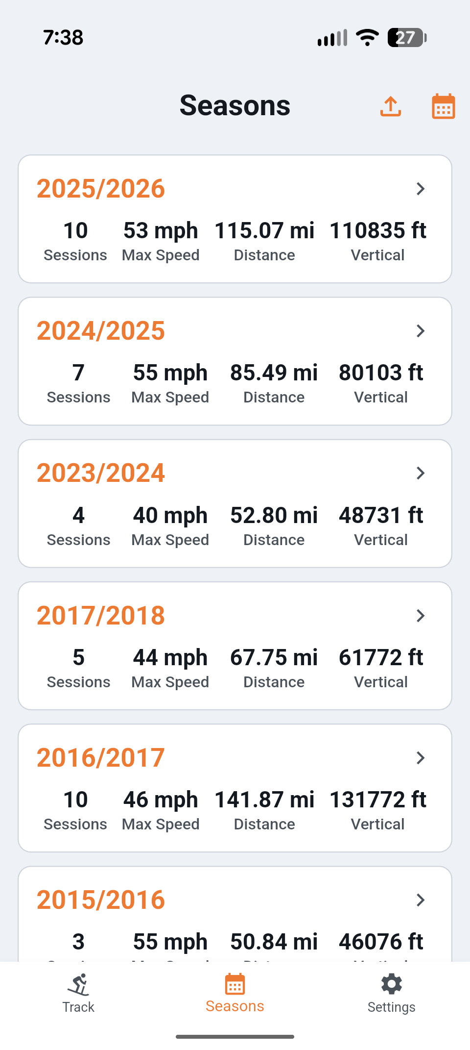 PowderTracks Seasons screen in light theme