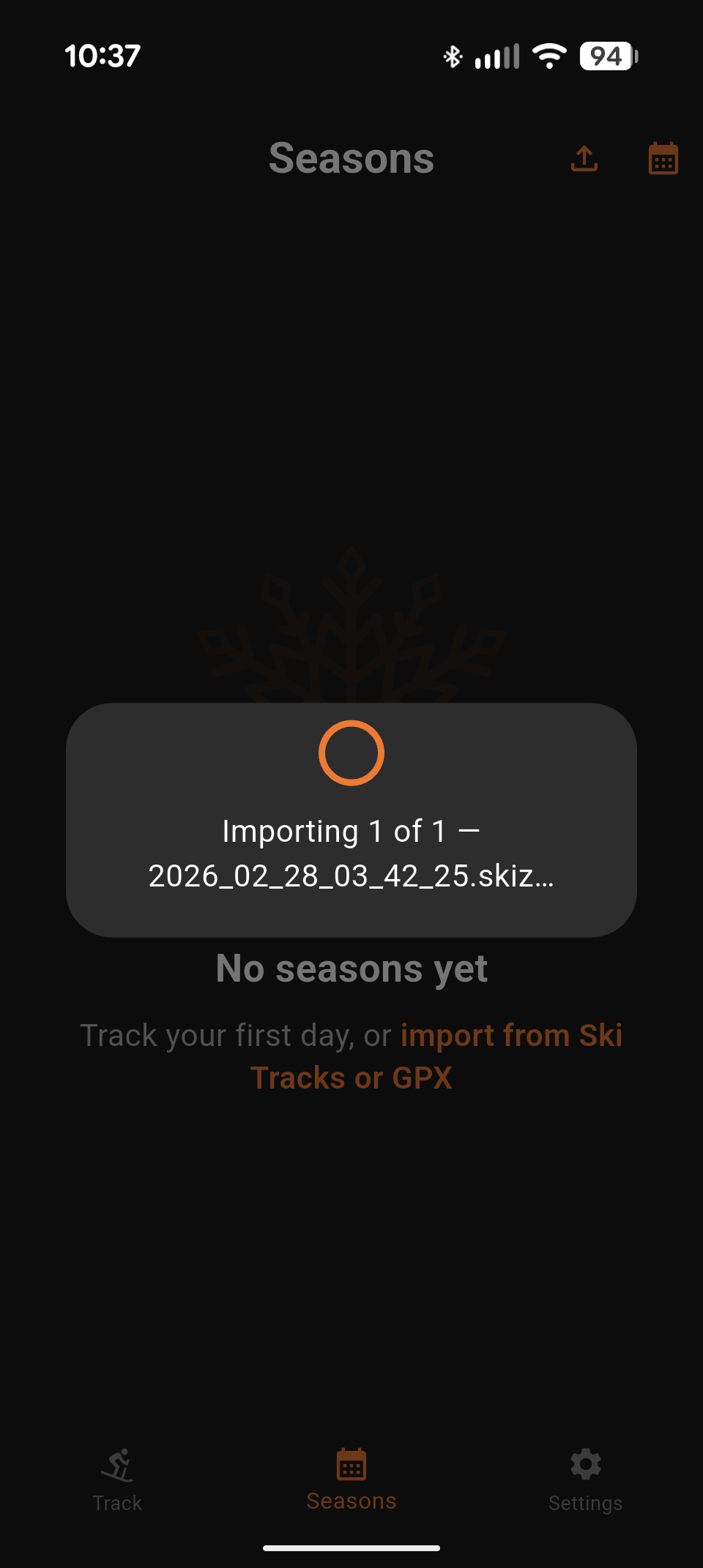 PowderTracks import screen — bring your history in