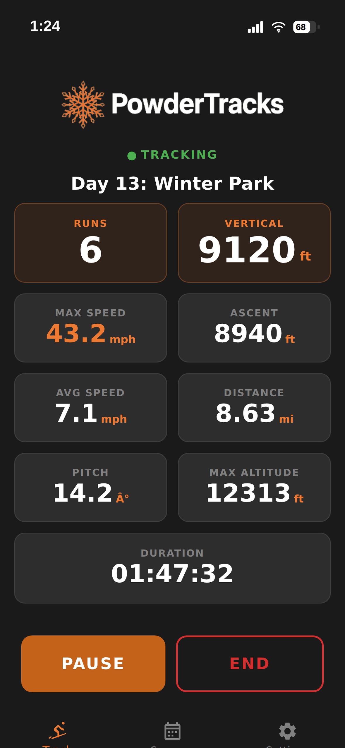 PowderTracks live run tracking screen