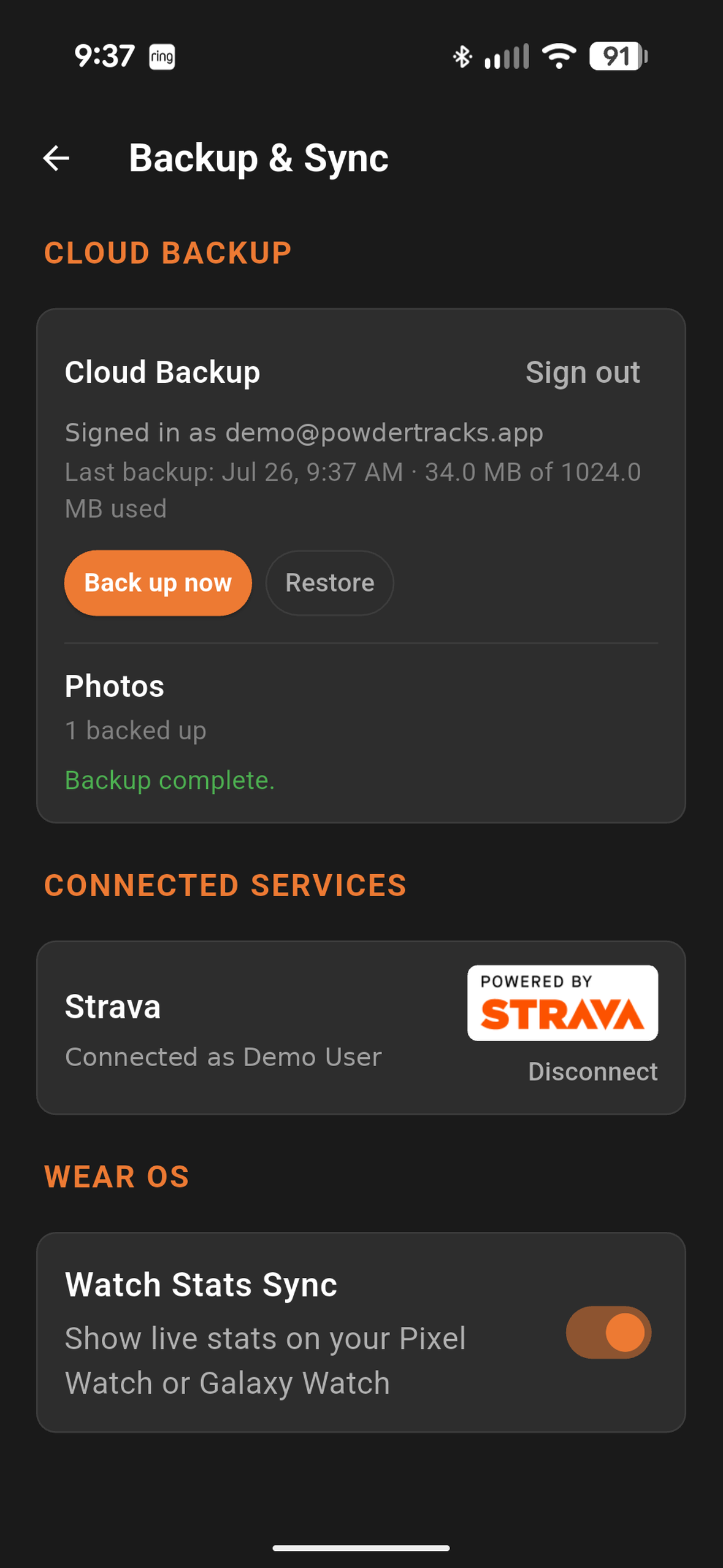 PowderTracks cloud backup and restore screen