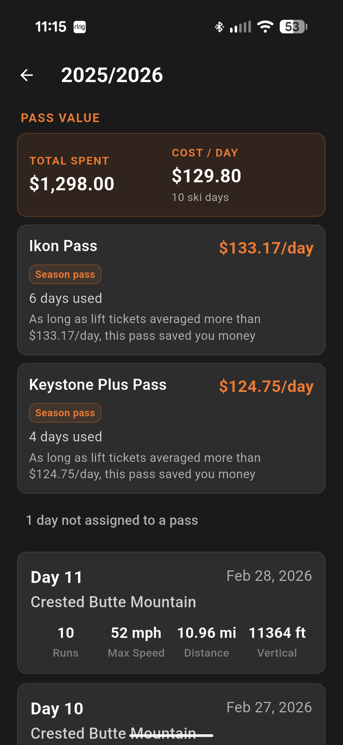 PowderTracks pass value screen