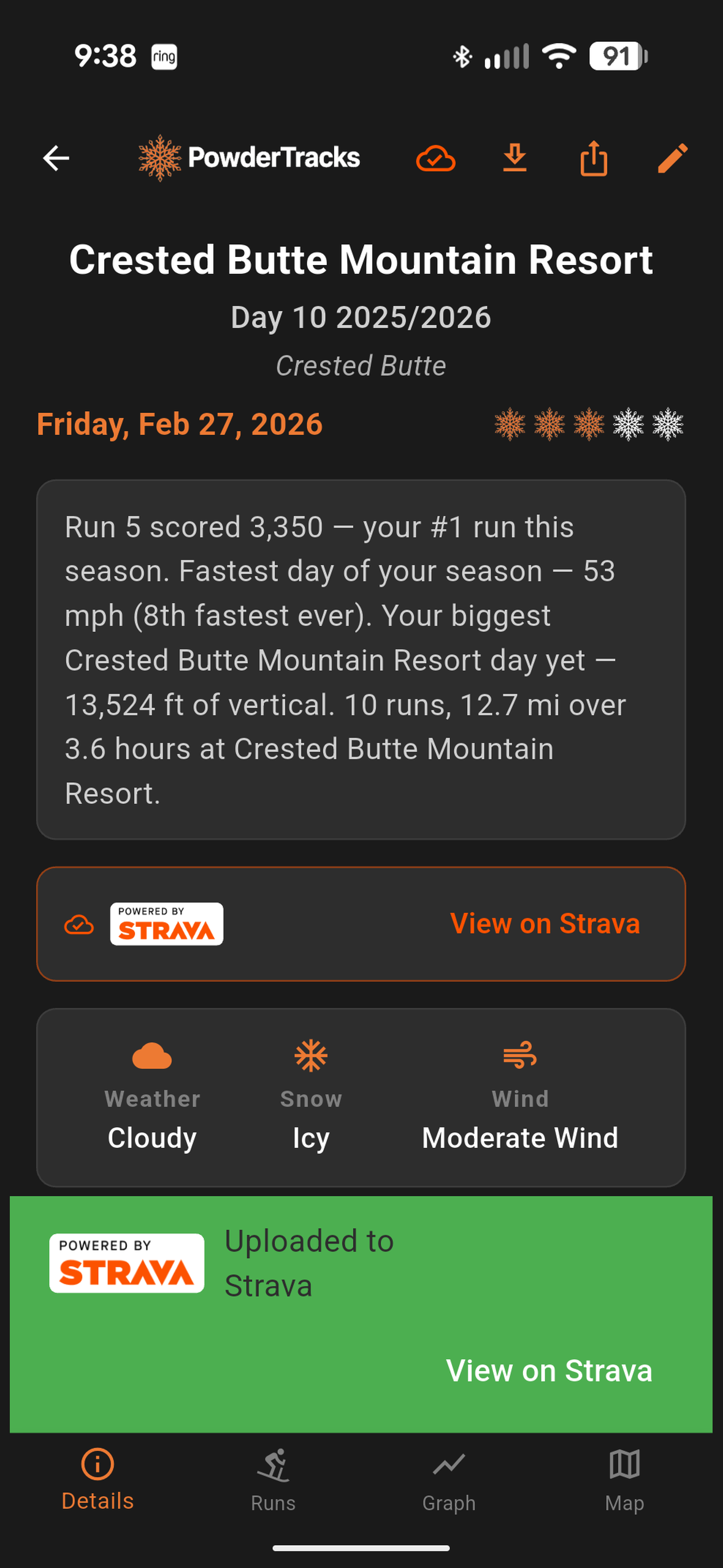 PowderTracks Strava upload screen