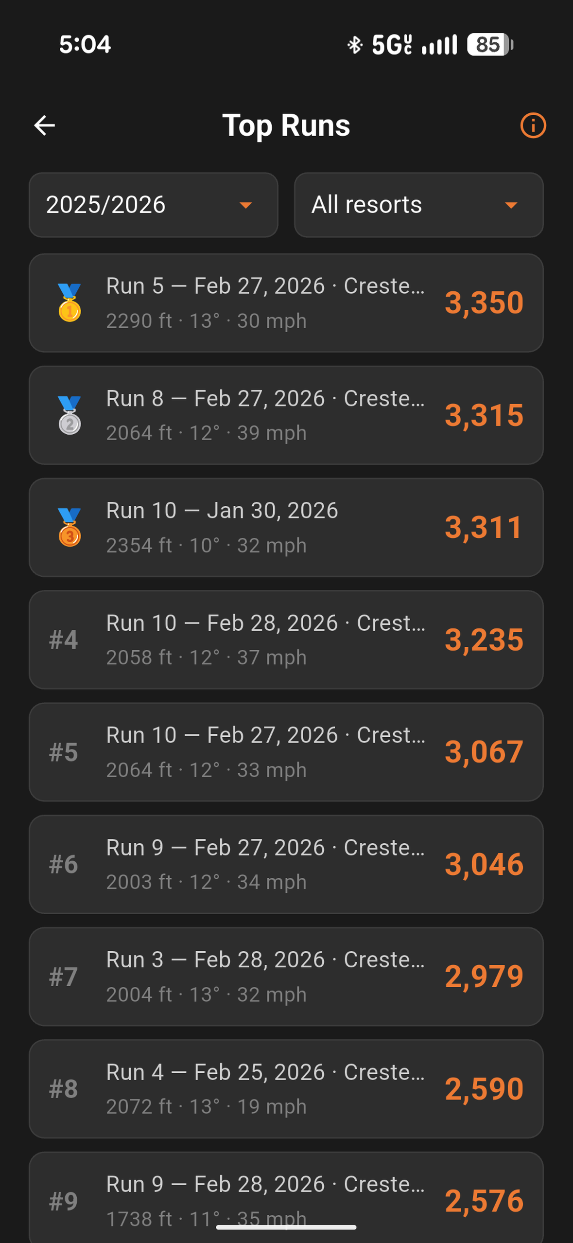 PowderTracks run score, Top Runs and Records screen